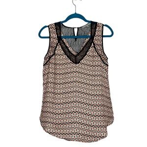 Daniel Rainn Satin Geometric Print Lace Trim Sleeveless Blouse